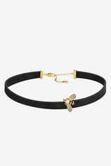Adjustable Black Leather Bee Choker Gold Accent | CicyBell