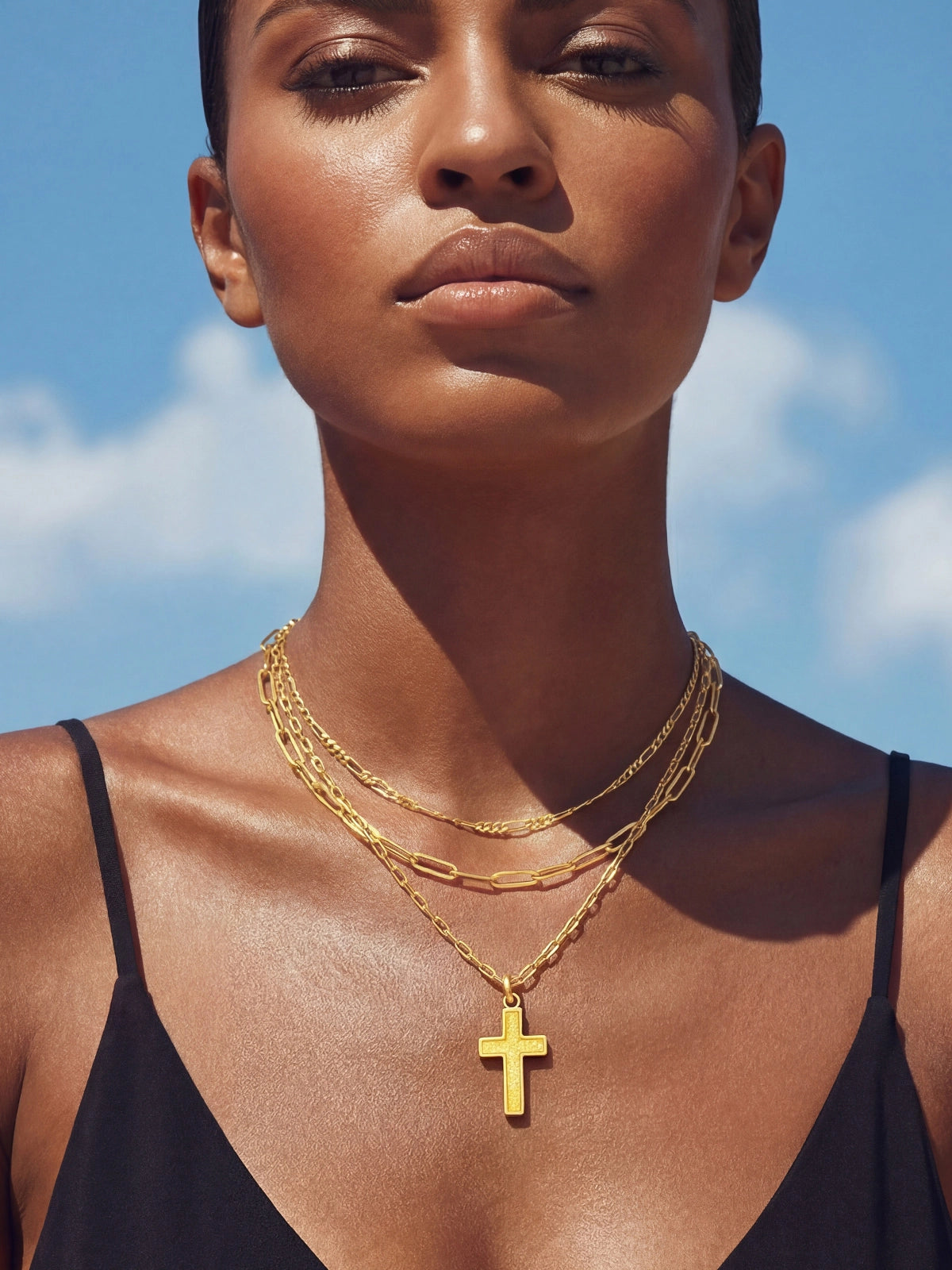 Womens White 18k Gold Plated Cross Layered Necklace | CicyBell
