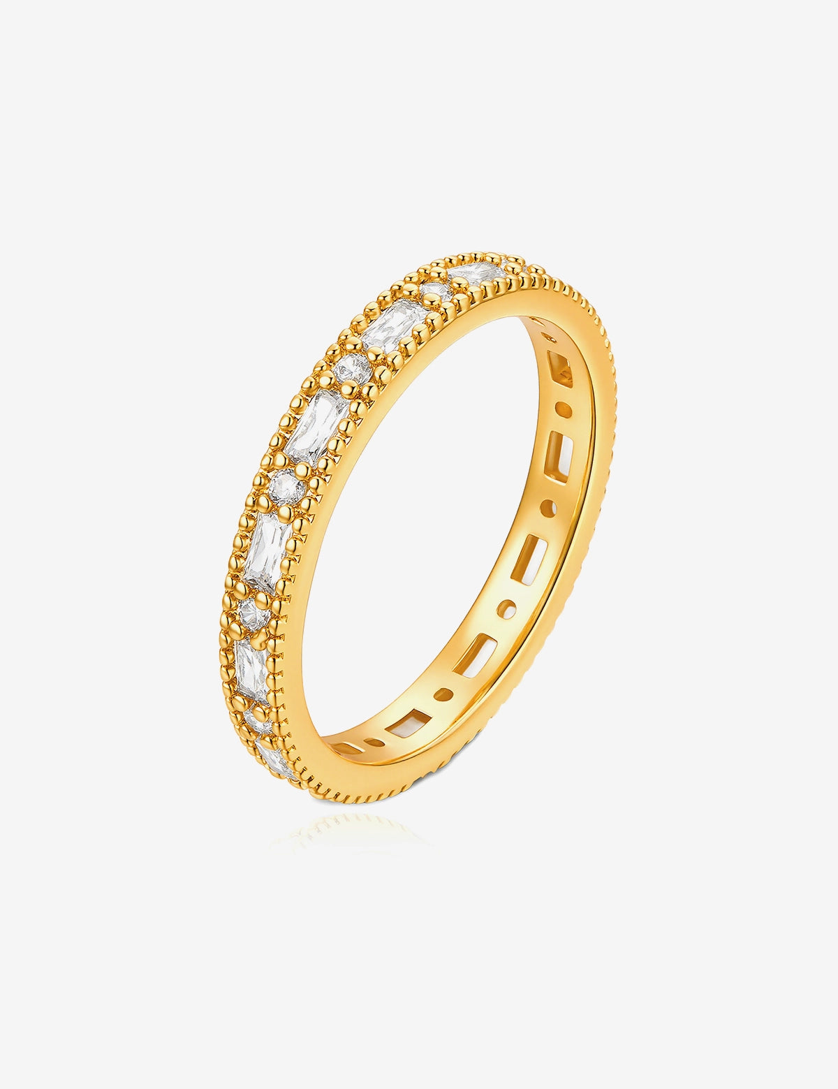 Cicy Bell Women's Matching Couple Ring featuring an 18k gold-plated high-shine band. Accented with three geometric Cubic Zirconia stones (baguette and square cut) and designed with a rounded comfort-fit interior for daily wear.