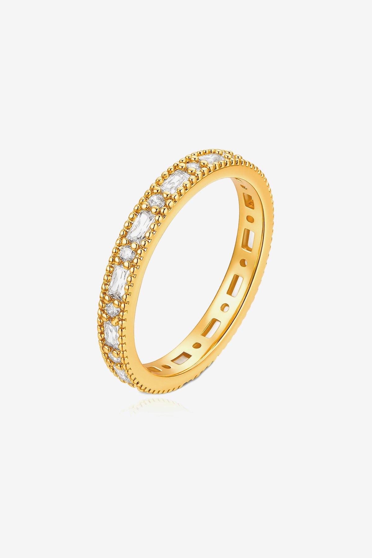 Cicy Bell Women's Matching Couple Ring featuring an 18k gold-plated high-shine band. Accented with three geometric Cubic Zirconia stones (baguette and square cut) and designed with a rounded comfort-fit interior for daily wear.