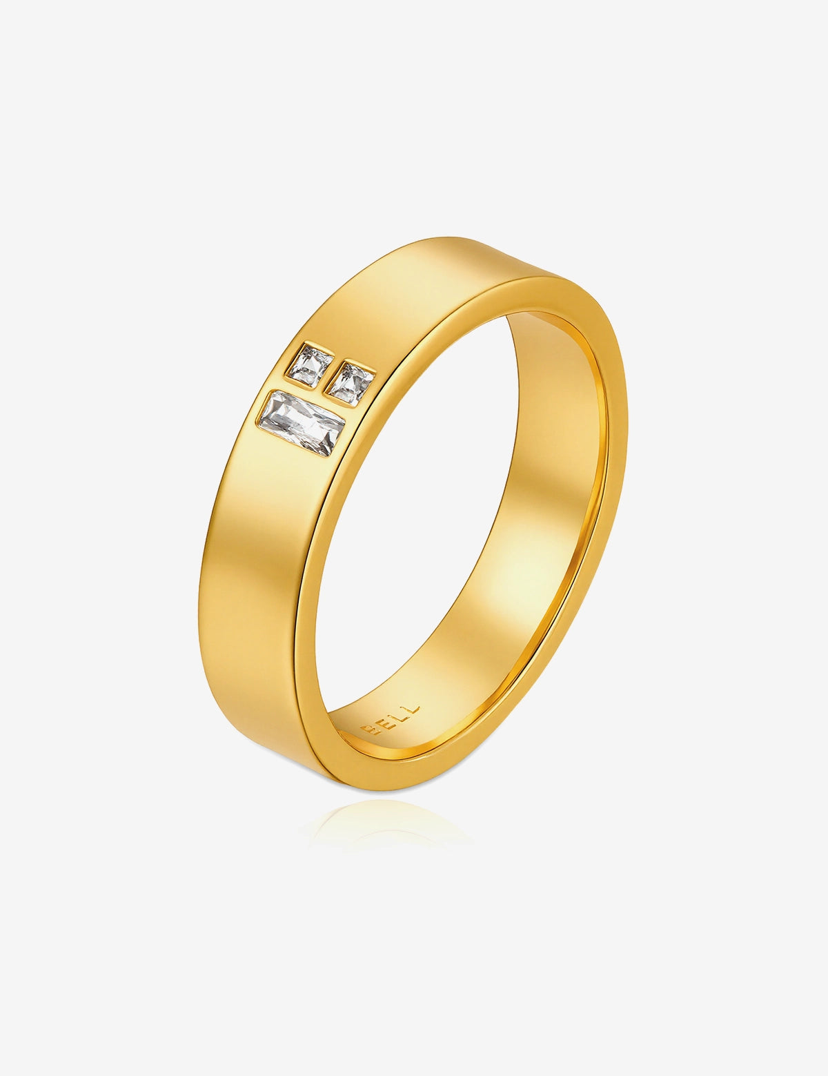 Cicy Bell Women's Matching Couple Ring featuring an 18k gold-plated high-shine band. Accented with three geometric Cubic Zirconia stones (baguette and square cut) and designed with a rounded comfort-fit interior for daily wear.
