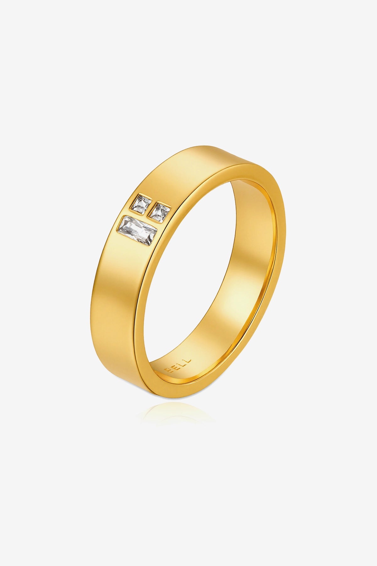Cicy Bell Women's Matching Couple Ring featuring an 18k gold-plated high-shine band. Accented with three geometric Cubic Zirconia stones (baguette and square cut) and designed with a rounded comfort-fit interior for daily wear.
