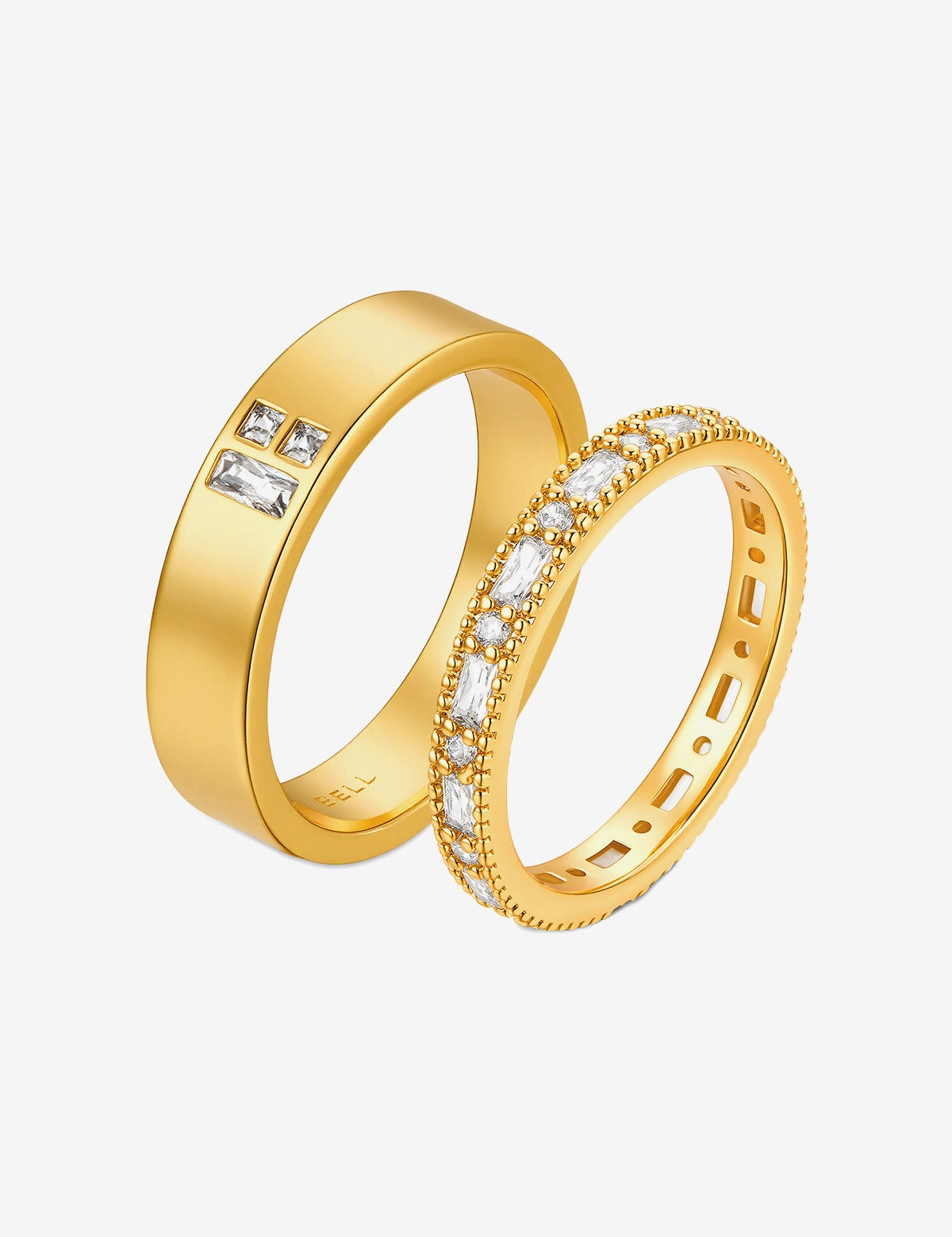 Cicy Bell Women's Matching Couple Ring featuring an 18k gold-plated high-shine band. Accented with three geometric Cubic Zirconia stones (baguette and square cut) and designed with a rounded comfort-fit interior for daily wear.