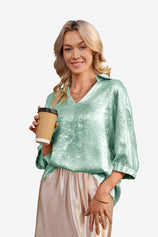 Womens Green Metallic 3/4 Sleeve | CicyBell