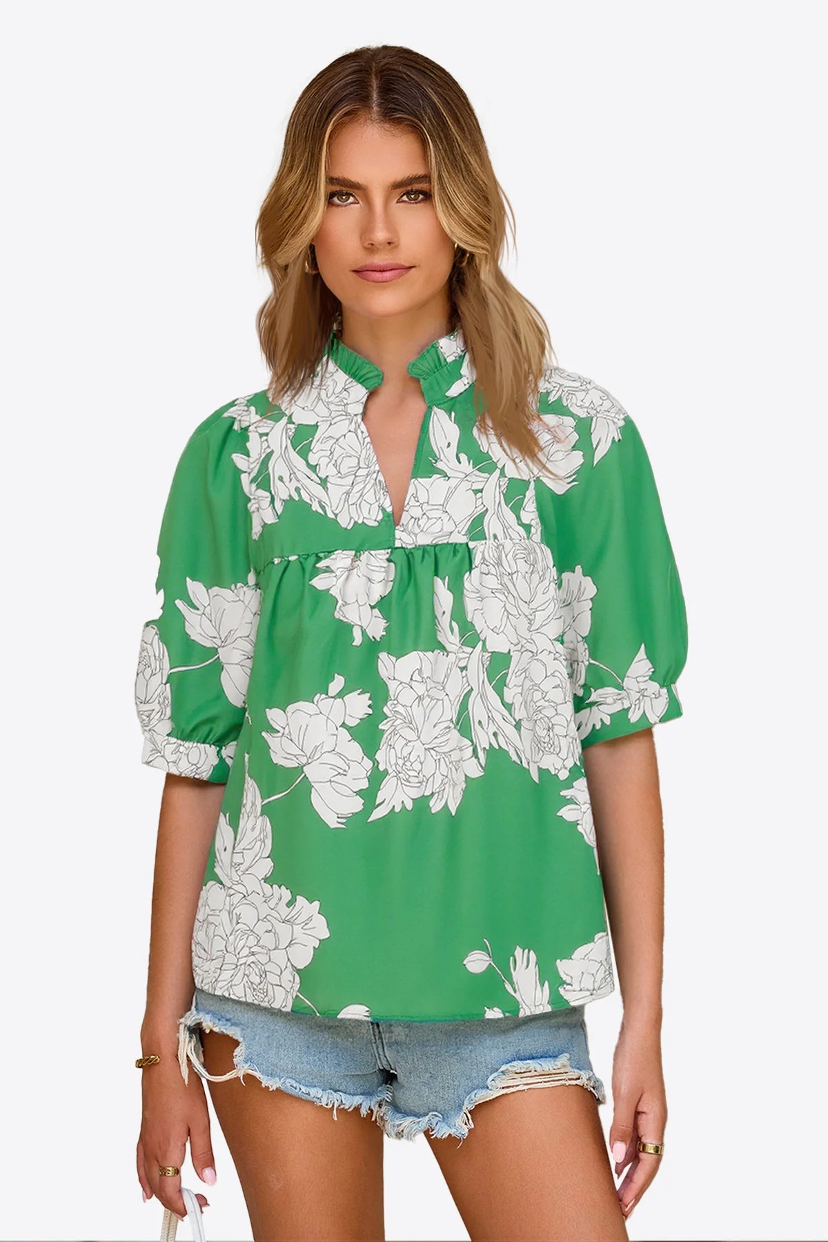 Womens Green Floral Babydoll Blouse | CicyBell