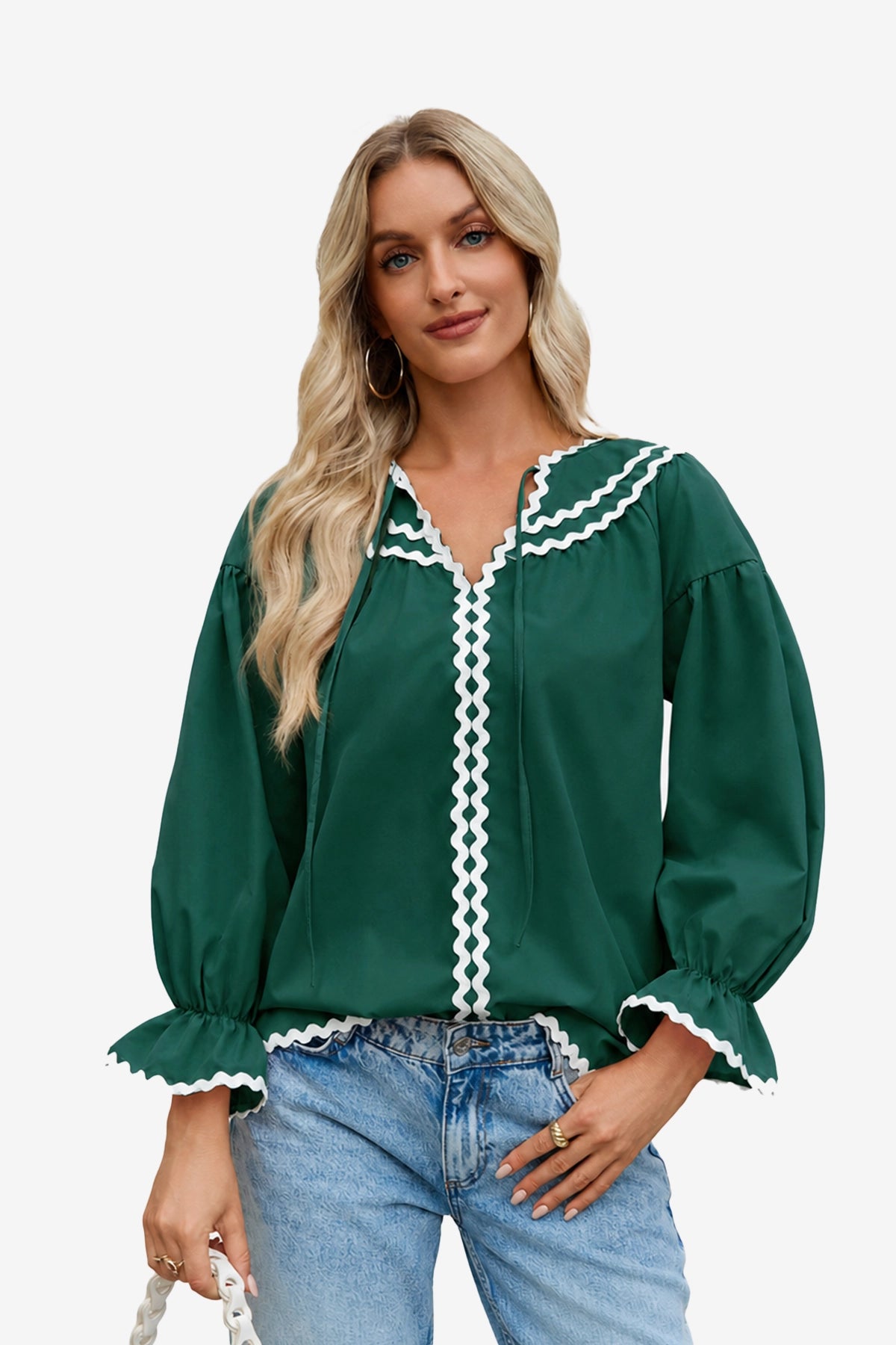Wrinkle-Free Green Puff Sleeve Blouse Relaxed Fit | CicyBell