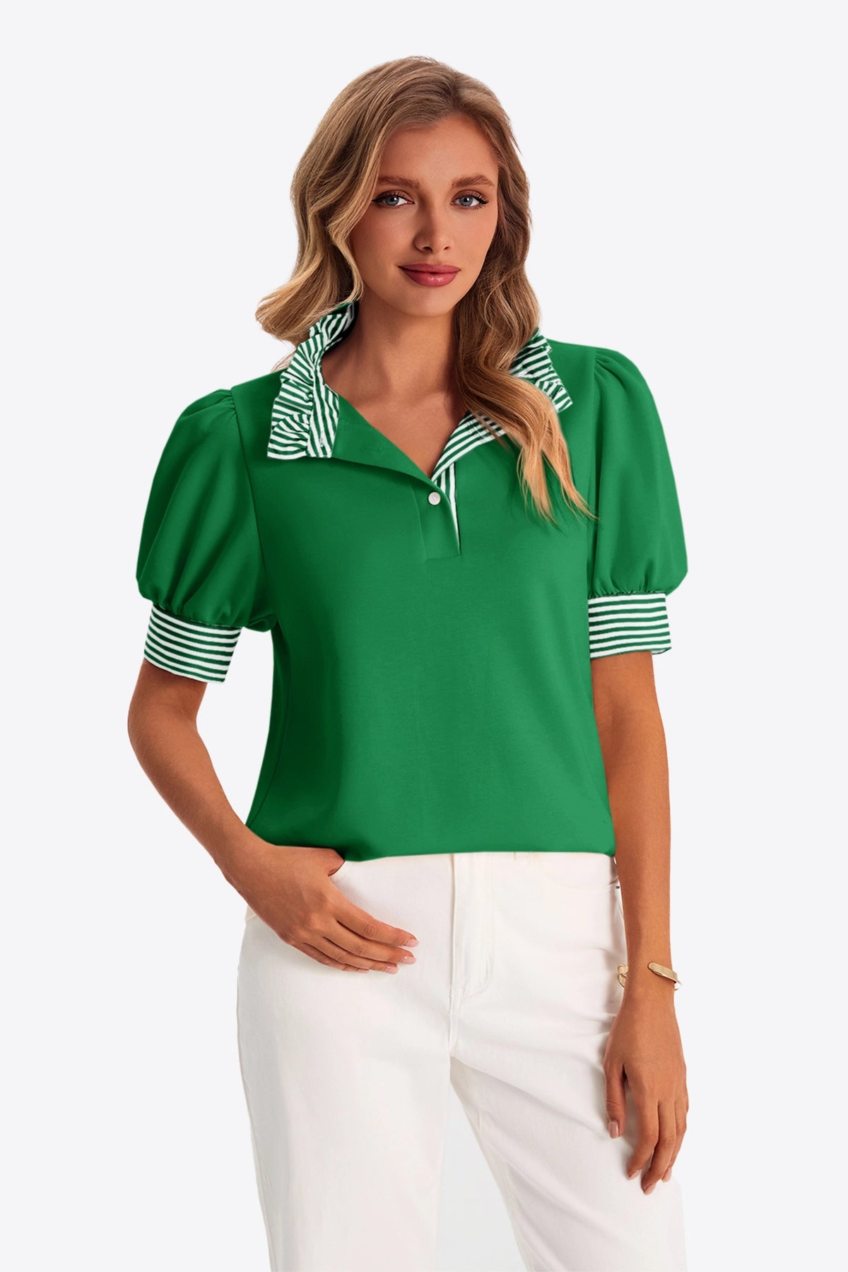 Womens Green Summer Puff Sleeve Blouses | CicyBell