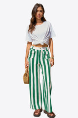 Womens Green Striped Wide Leg Jeans | CicyBell