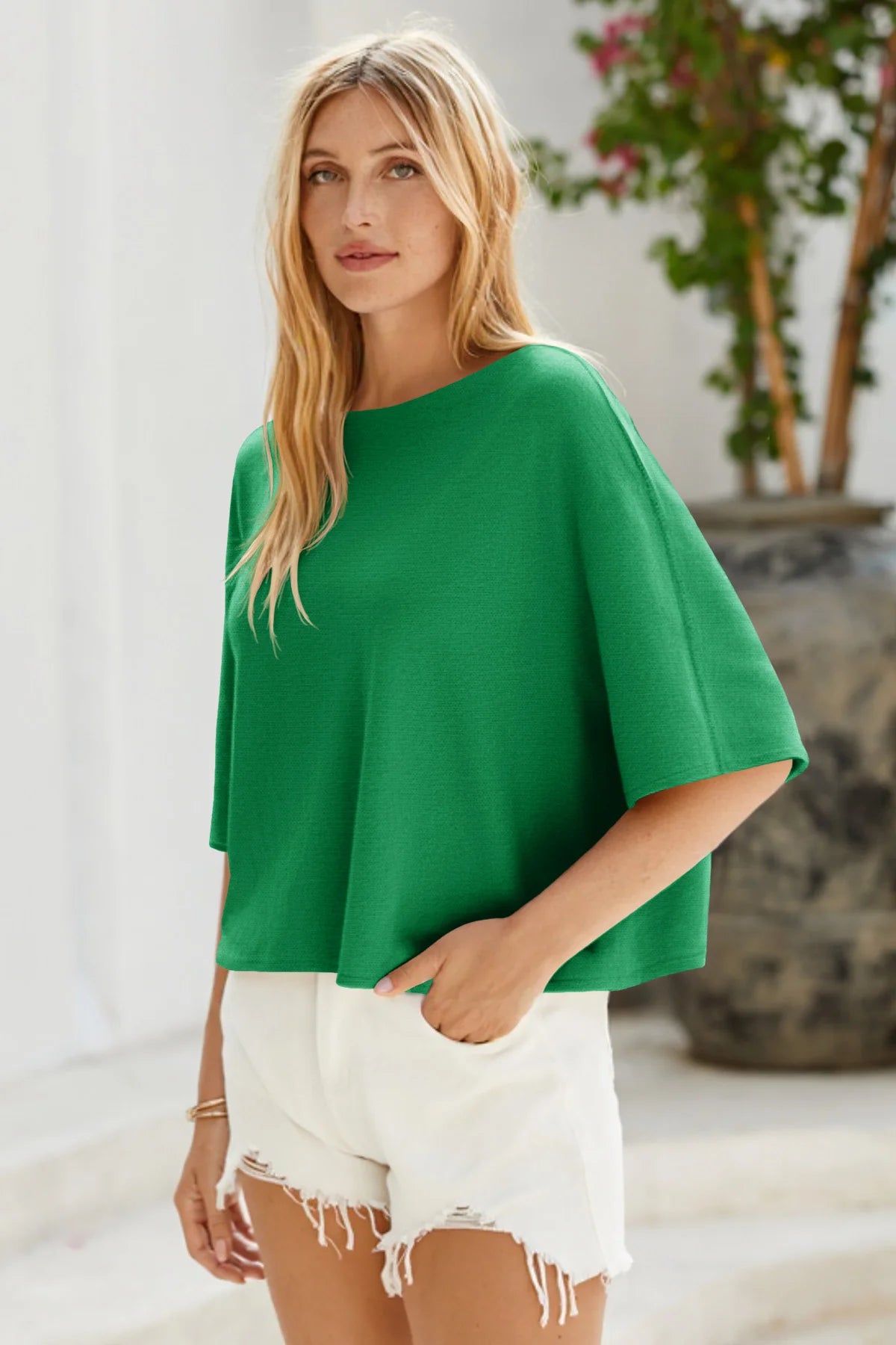 Cicy Bell Womens Green Half Sleeve Sweaters