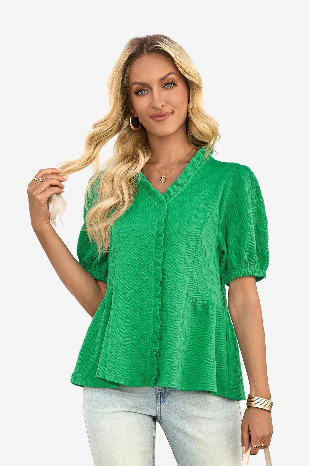 Wrinkle-Free Green Peplum Blouse Textured Stretch | CicyBell