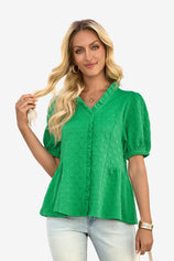 Wrinkle-Free Green Peplum Blouse Textured Stretch | CicyBell
