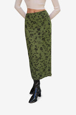 Womens Green Floral Boho Mesh Midi Skirt  | CicyBell