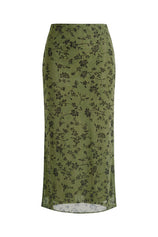 Womens Green Floral Boho Mesh Midi Skirt  | CicyBell