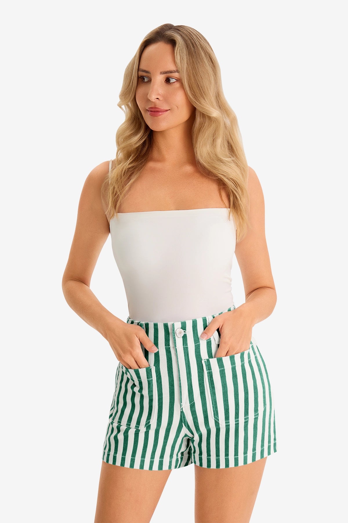Womens Green Summer Striped Shorts 1
