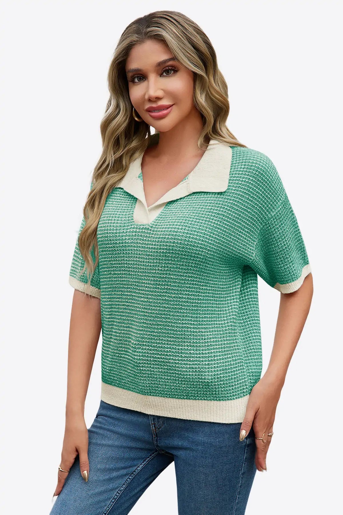 Cicy Bell Womens Green Striped Cropped Sweaters Tops