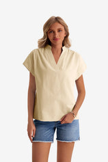 Womens Light Khaki V Neck Blouse Tops  | CicyBell