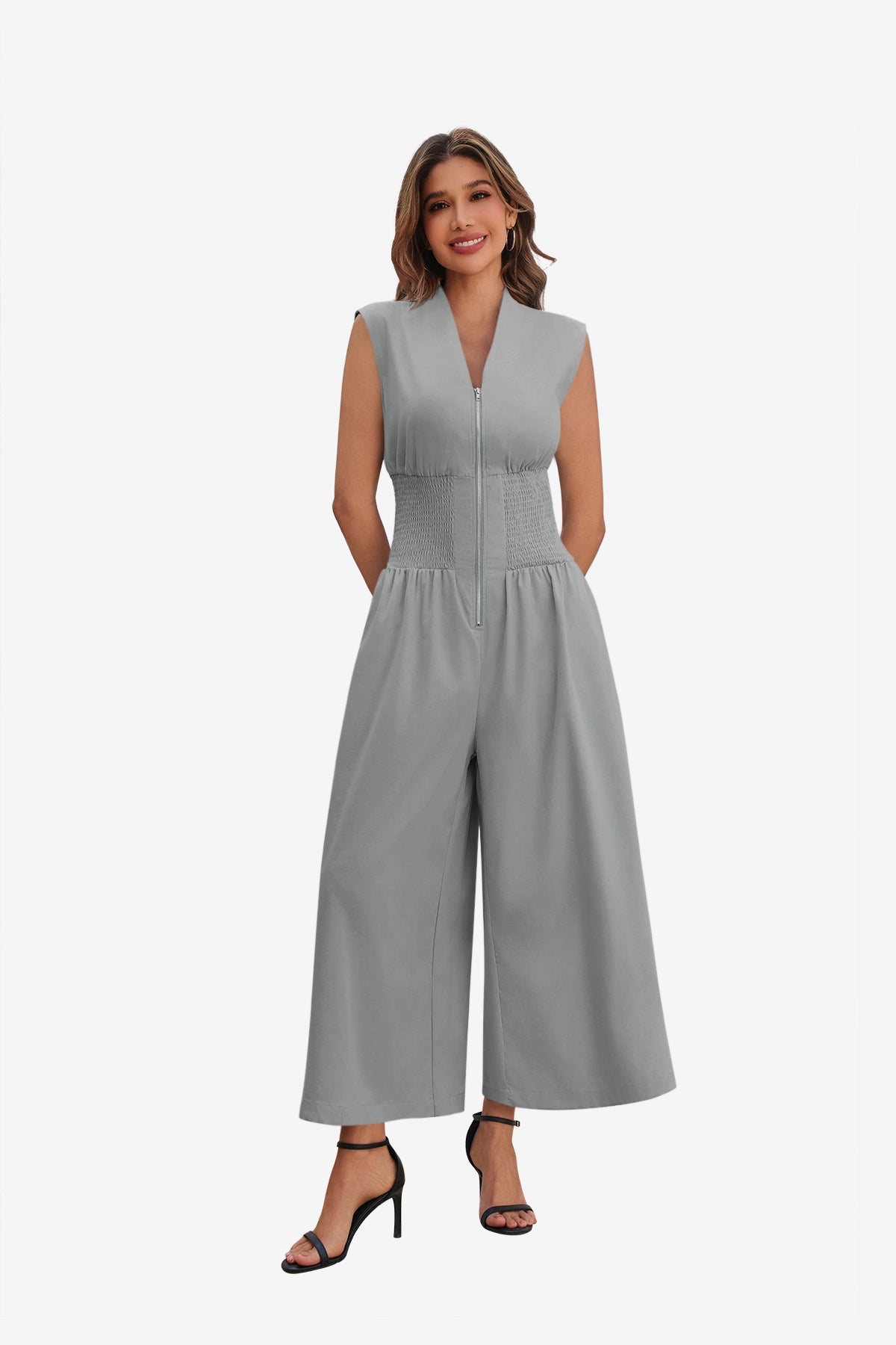 Womens Grey V Neck Casual Dressy Jumpsuit | CicyBell