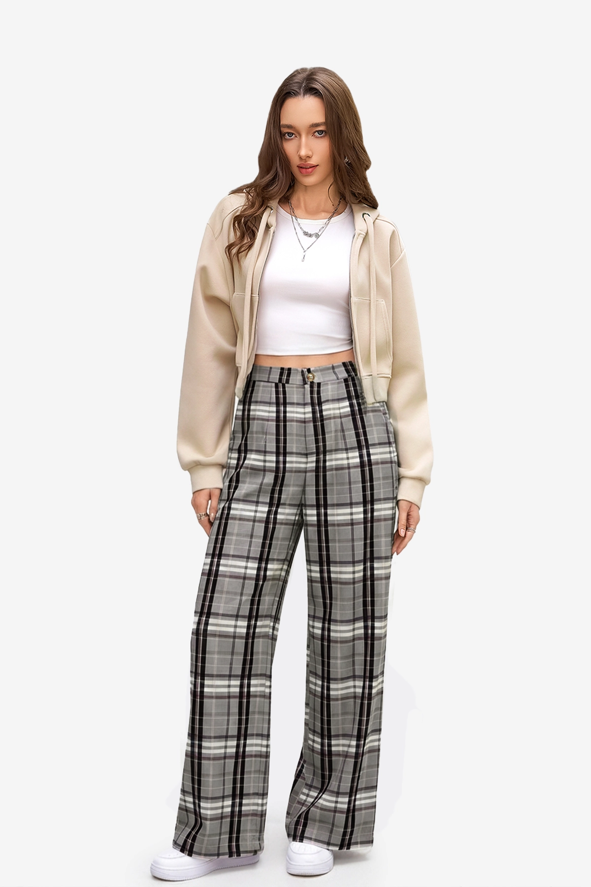 Womens Grey Wide Leg Plaid Pants | CicyBell
