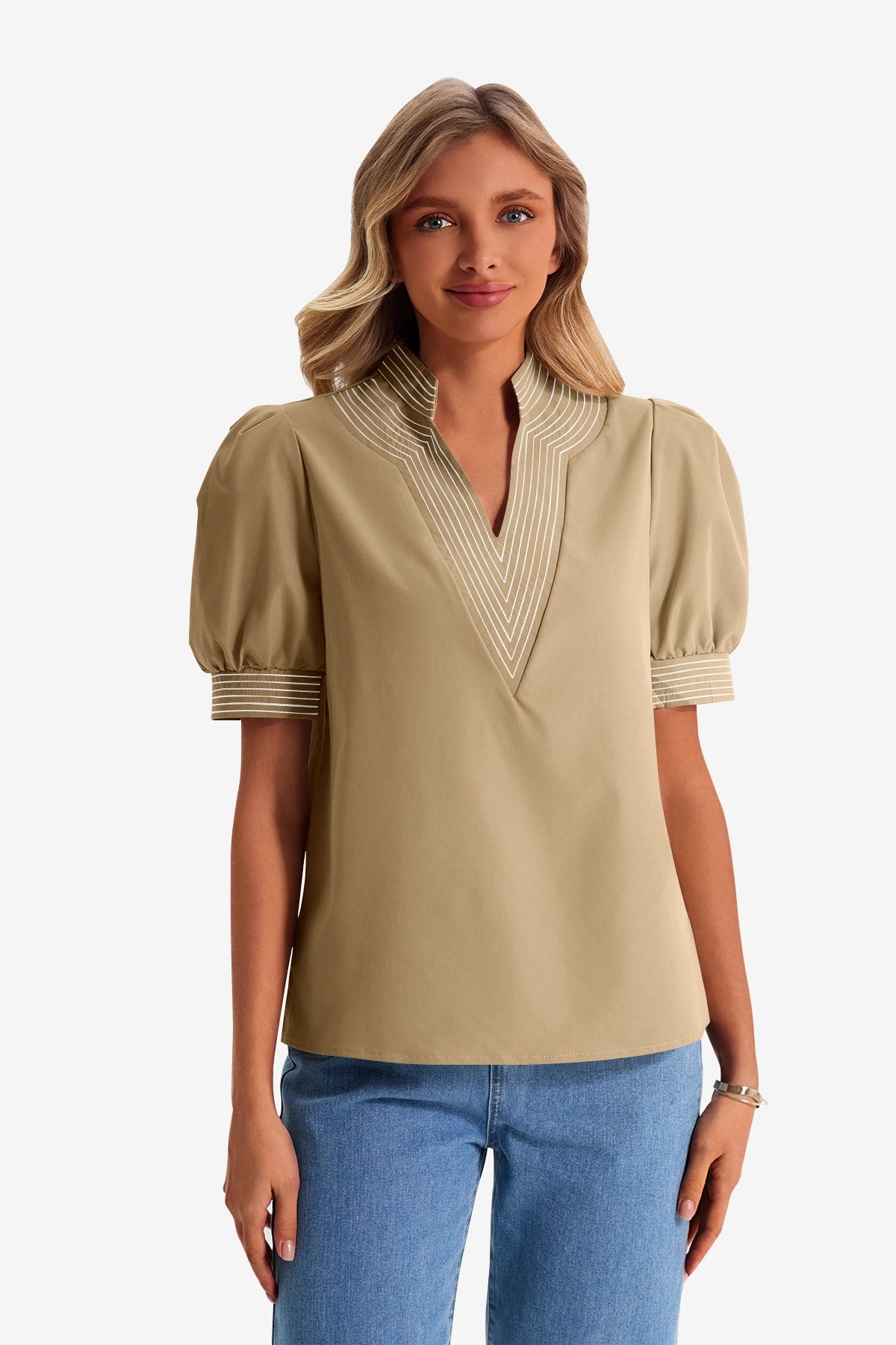 Womens Khaki Puff Short Sleeve Blouses | CicyBell