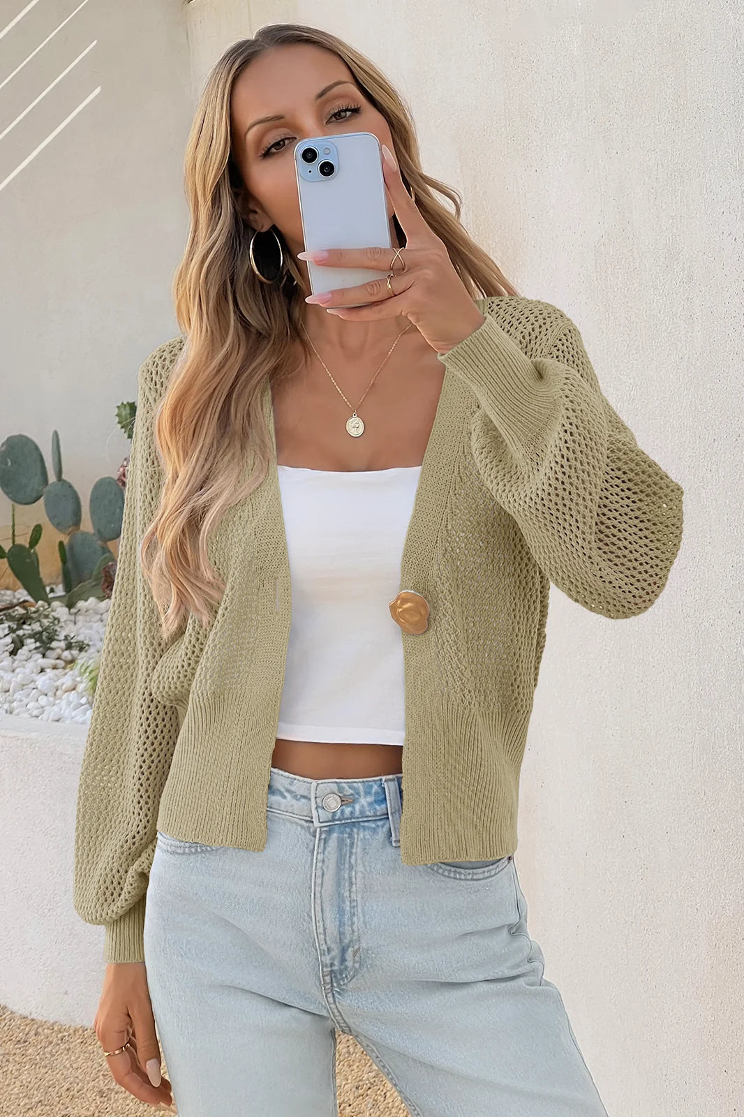 Cicy Bell Womens Khaki Cropped Crochet Cardigans