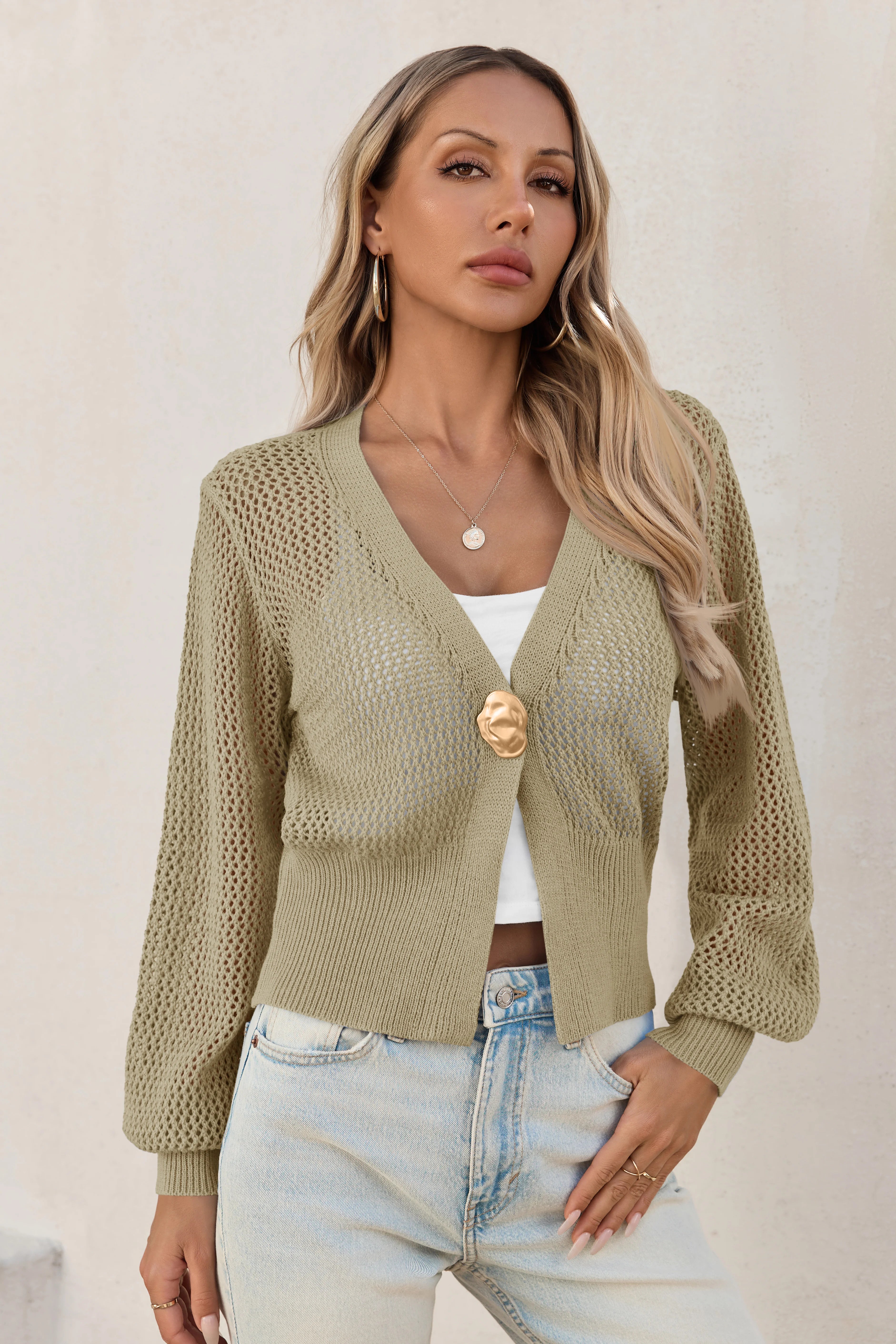 Cicy Bell Womens Khaki Cropped Crochet Cardigans