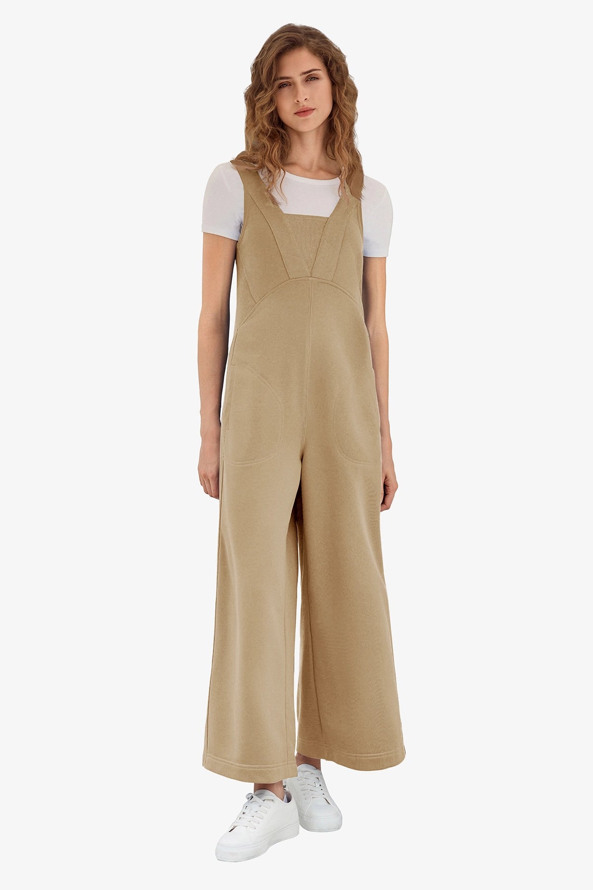 Wrinkle-Free Khaki Wide Leg Jumpsuit Relaxed Stretch | CicyBell