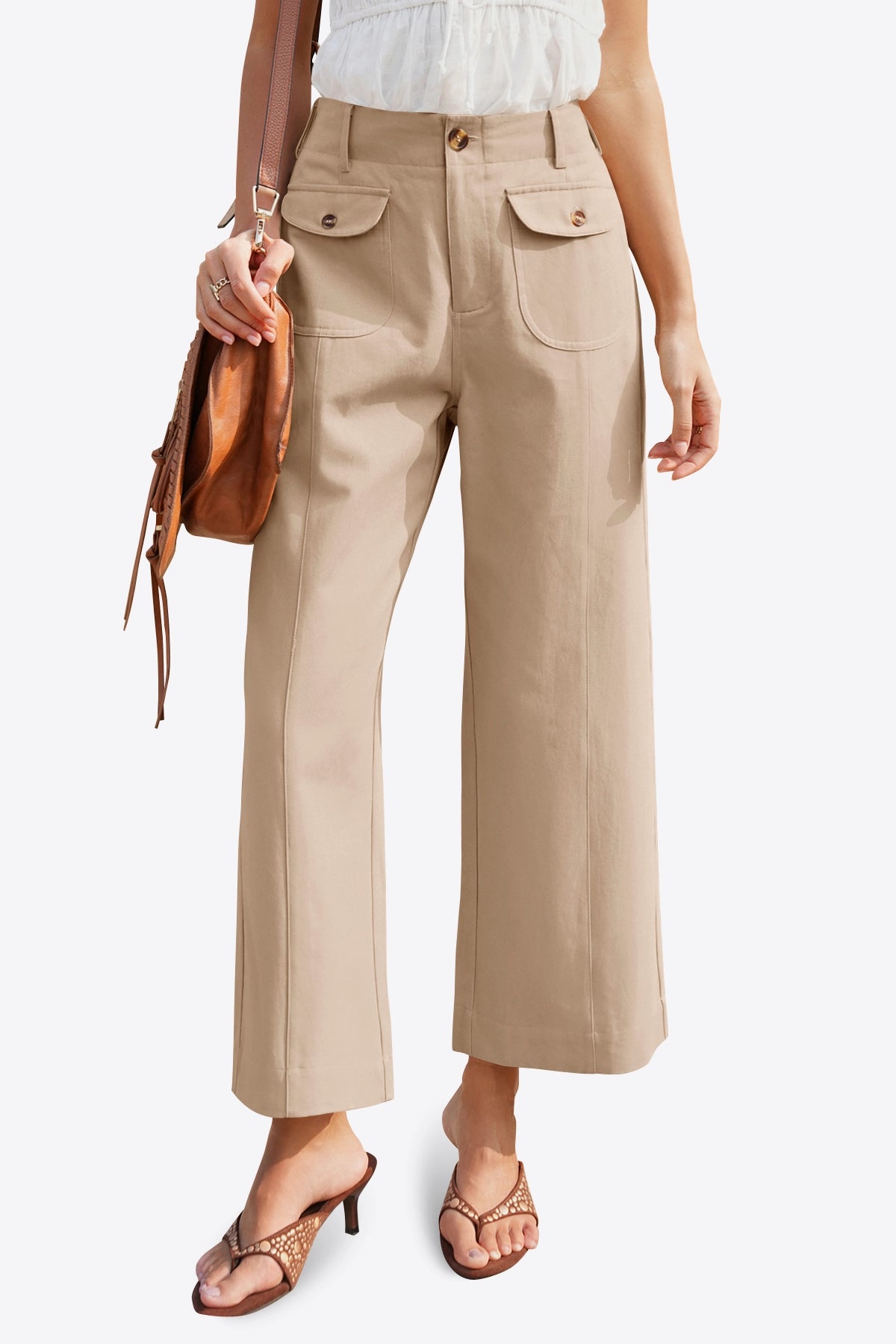 Womens Khaki Cropped Wide Leg Pants | CicyBell
