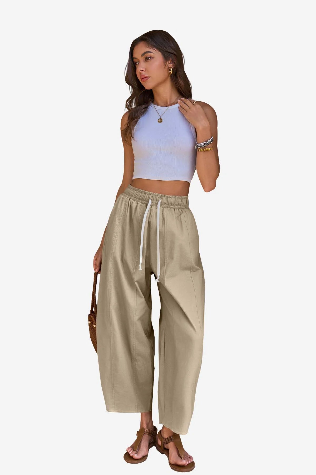 Womens Khaki High Waisted Baggy Barrel Pants | CicyBell