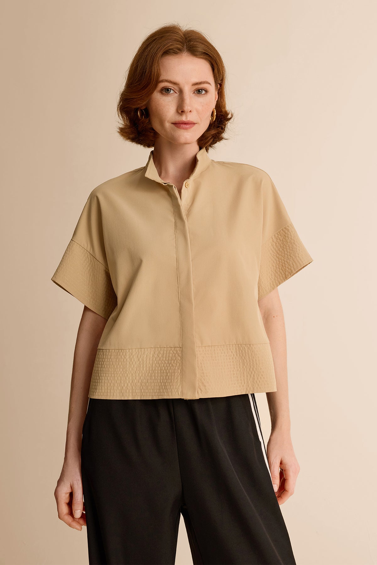 Womens Khaki Cropped Short Sleeve Shirts| CicyBell