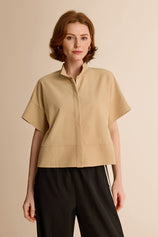Womens Khaki Cropped Short Sleeve Shirts| CicyBell