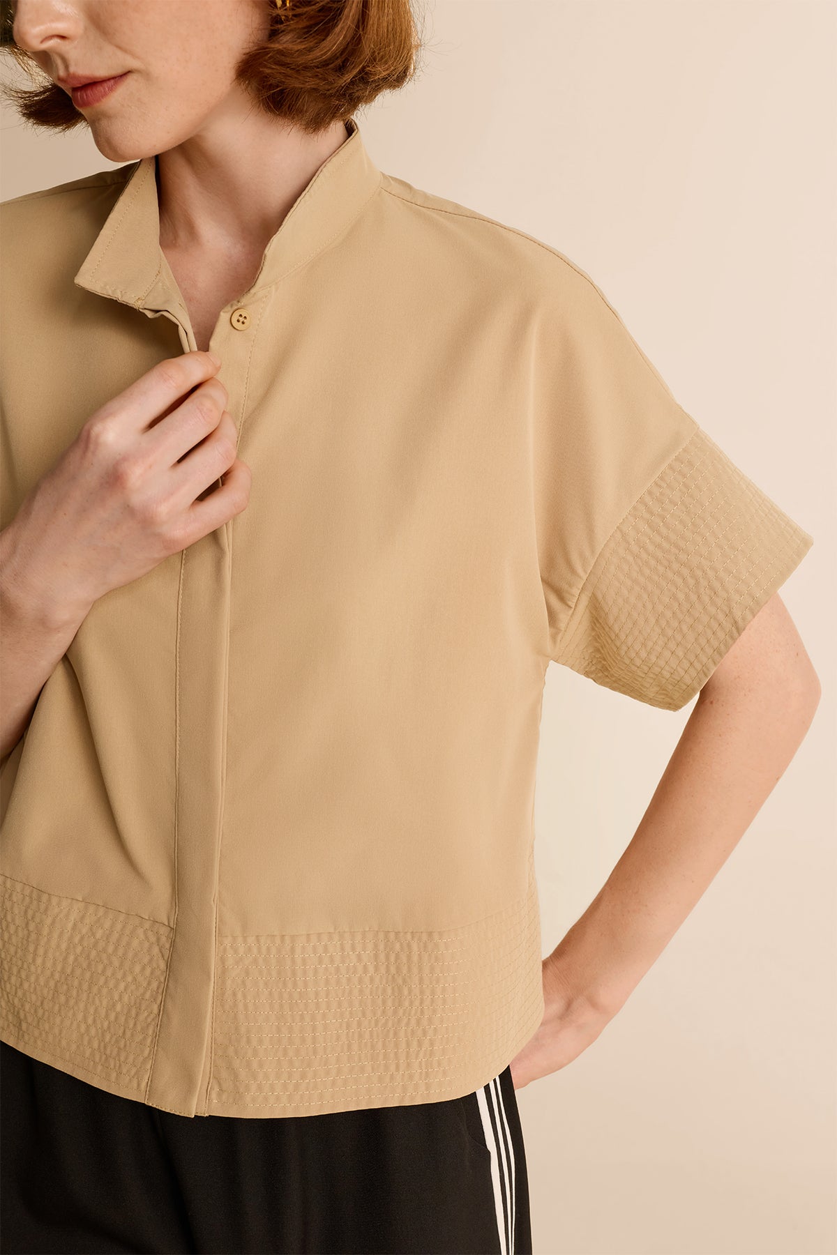Womens Khaki Cropped Short Sleeve Shirts| CicyBell