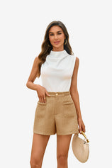 Cicy Bell Women's Tweed Shorts featuring unique braided detailing and a polished gold button. These high-waisted wide-leg shorts offer a "Quiet Luxury" summer look with a relaxed, leg-lengthening silhouette.