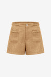 Cicy Bell Women's Tweed Shorts featuring unique braided detailing and a polished gold button. These high-waisted wide-leg shorts offer a "Quiet Luxury" summer look with a relaxed, leg-lengthening silhouette.