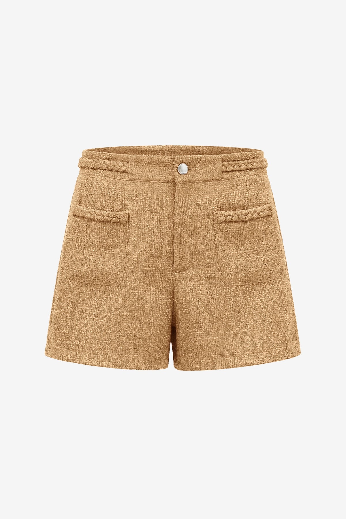 Cicy Bell Women's Tweed Shorts featuring unique braided detailing and a polished gold button. These high-waisted wide-leg shorts offer a "Quiet Luxury" summer look with a relaxed, leg-lengthening silhouette.