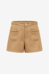 Cicy Bell Women's Tweed Shorts featuring unique braided detailing and a polished gold button. These high-waisted wide-leg shorts offer a "Quiet Luxury" summer look with a relaxed, leg-lengthening silhouette.