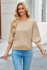 Cicy Bell Womens Khaki 3/4 Puff Sleeve Sweater Tops