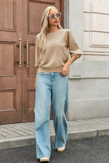 Cicy Bell Womens Khaki 3/4 Puff Sleeve Sweater Tops