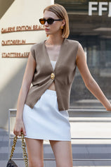 Cicy Bell Womens Khaki V Neck Sweater Vest