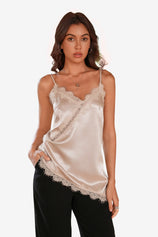 CicyBell Women's Khaki Satin Cami Tank Top with delicate lace trim and a flowy asymmetrical hem. This silky V-neck sleeveless blouse is designed for a flattering tummy-hiding fit, perfect for date nights or layering under a blazer.