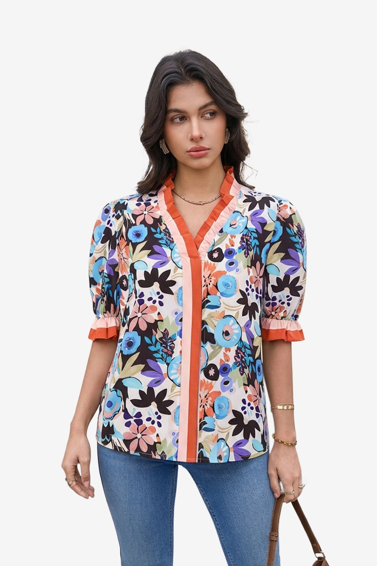 Womens Khaki Floral Puff Short Sleeve Tops  | CicyBell