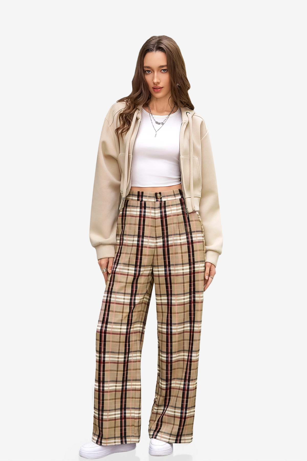 Womens Khaki Wide Leg Plaid Pants | CicyBell
