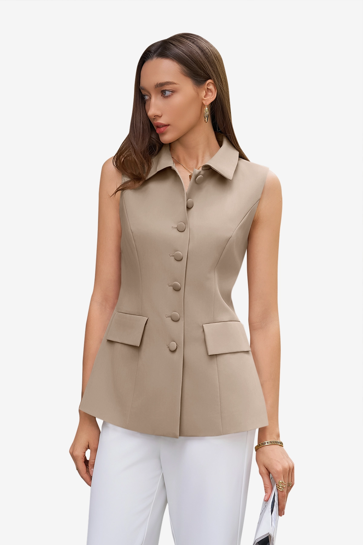 Womens Khaki Tops Button Down Suit Vest | CicyBell