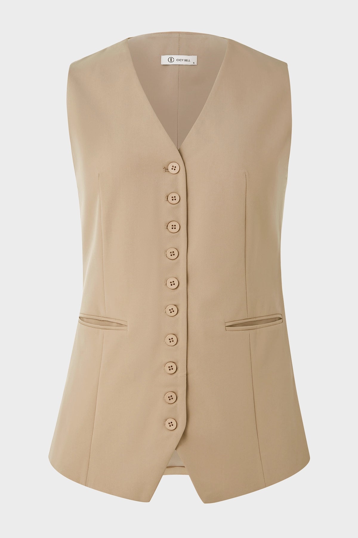 Wrinkle-Free Khaki V-Neck Vest Tailored Stretch | CicyBell