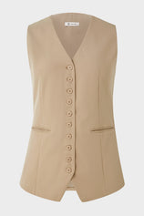 Wrinkle-Free Khaki V-Neck Vest Tailored Stretch | CicyBell