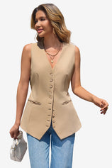 Wrinkle-Free Khaki V-Neck Vest Tailored Stretch | CicyBell