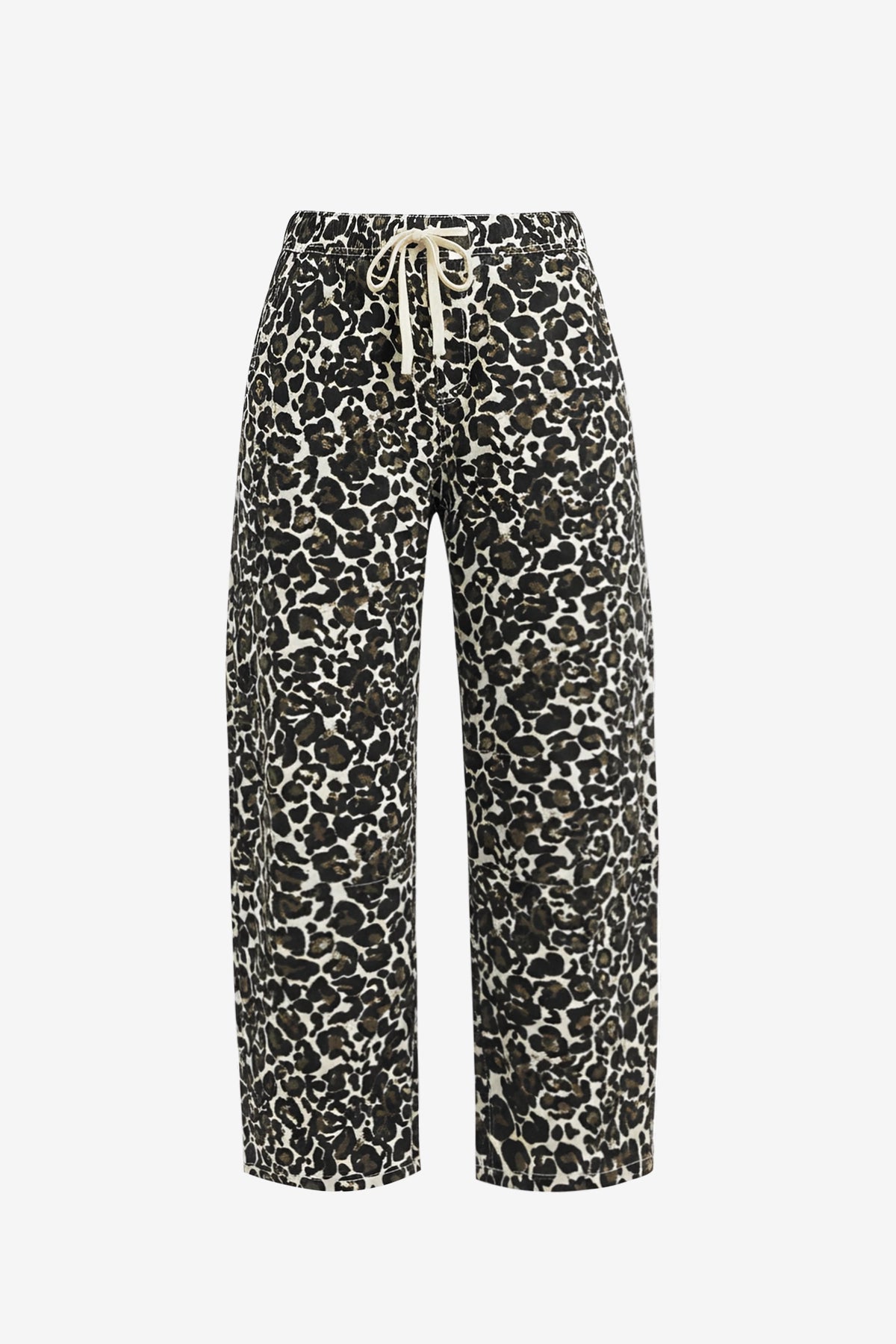 CicyBell Women's Leopard Barrel Jeans featuring a bold cheetah print and 2026 trendsetting baggy fit. This high-waisted denim includes a functional white drawstring elastic waistband and a chic wide-leg barrel silhouette for an effortless streetwear look.
