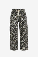 CicyBell Women's Leopard Barrel Jeans featuring a bold cheetah print and 2026 trendsetting baggy fit. This high-waisted denim includes a functional white drawstring elastic waistband and a chic wide-leg barrel silhouette for an effortless streetwear look.