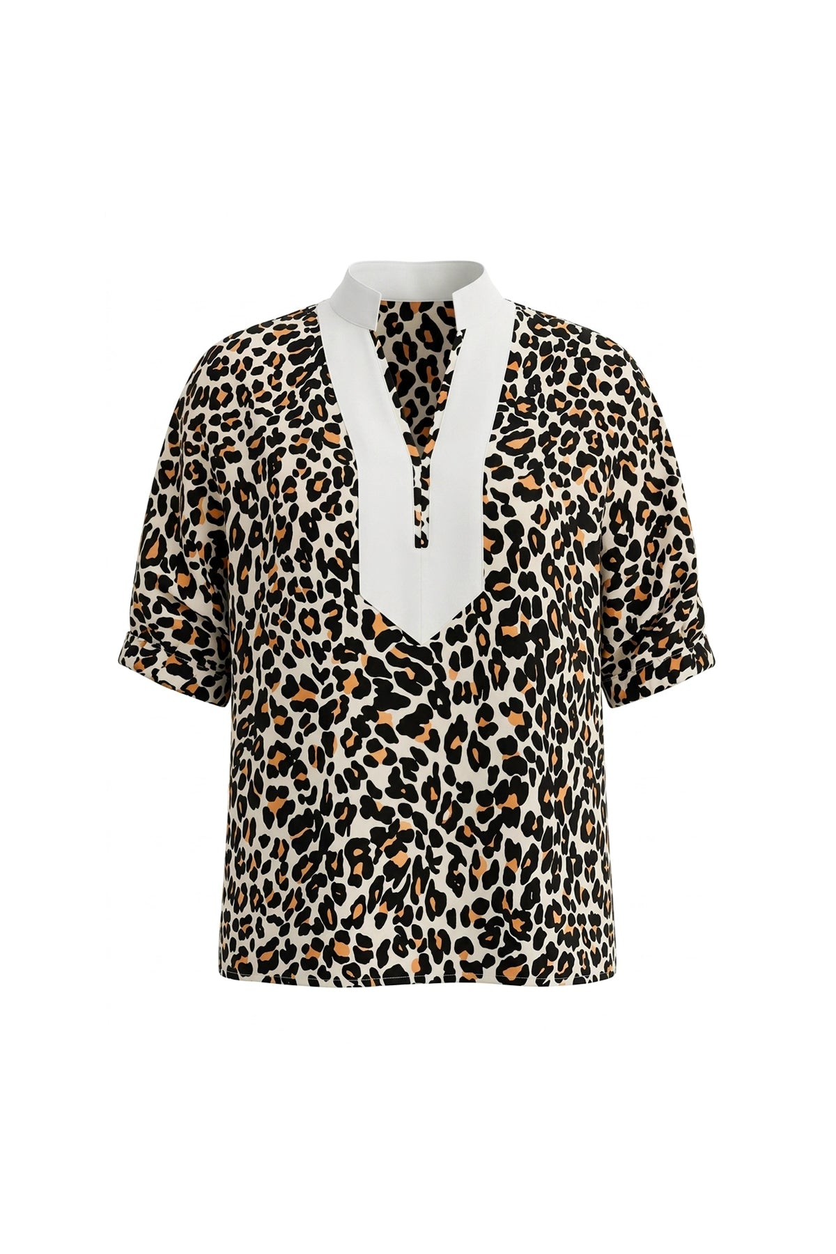 Womens Leopard Print V Neck Puff Half Sleeve | CicyBell