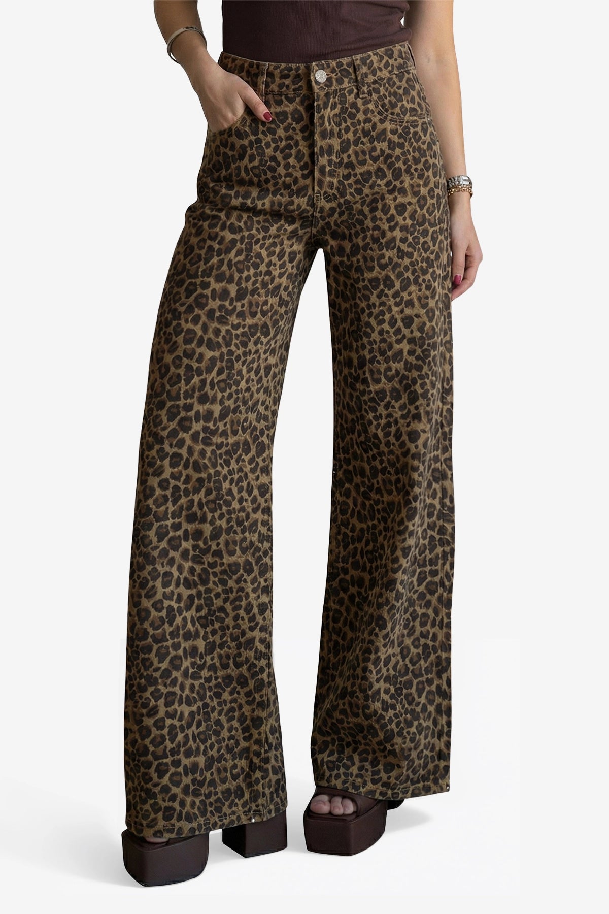 CicyBell Womens Leopard Print Wide Leg Jeans featuring a trendy animal print and high-waisted silhouette. These stretchy, high-rise denim pants offer a retro baggy boyfriend fit with classic five-pocket styling and a flattering wide leg.