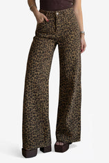 CicyBell Womens Leopard Print Wide Leg Jeans featuring a trendy animal print and high-waisted silhouette. These stretchy, high-rise denim pants offer a retro baggy boyfriend fit with classic five-pocket styling and a flattering wide leg.